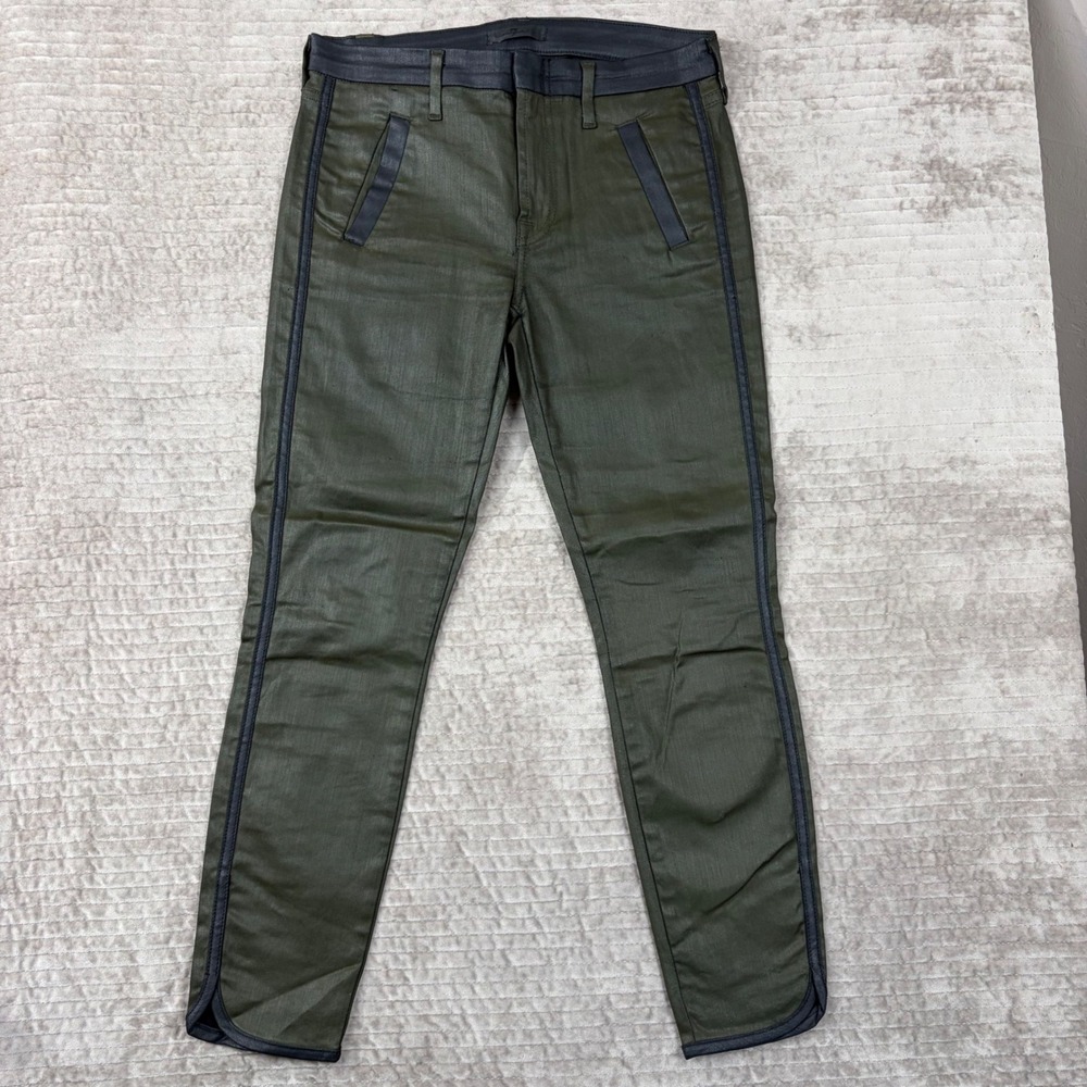 7 For All Mankind Olive‎ Green Coated Skinny Pants Faux Leather Trim 27